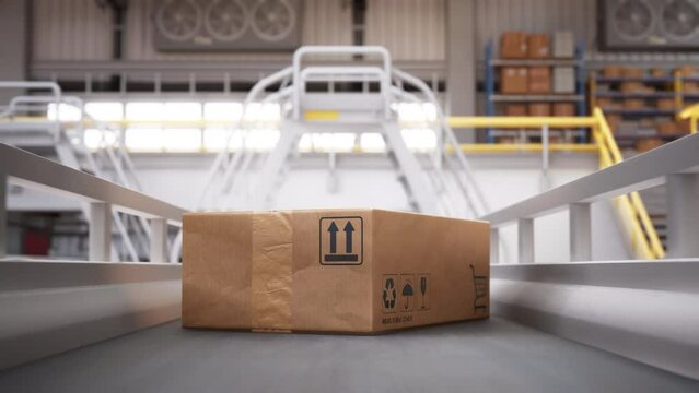 Recyclable Cardboard Box Being Transported on a Conveyor Belt in a Modern Logistics Center. Parcel is Prepared for Delivery to an Online Client. 3D Animated Conveyor System of a Big Retail Business