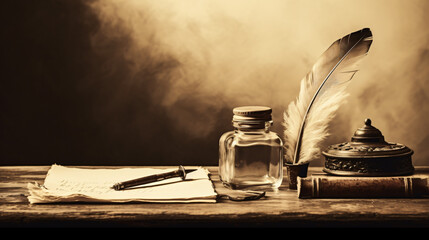 Quill pen with inkwell on wooden desk - obrazy, fototapety, plakaty