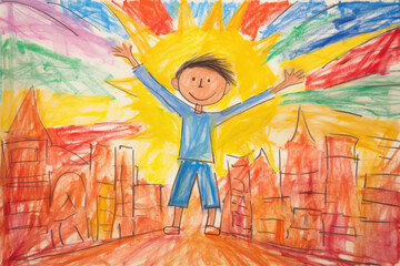Obraz na płótnie Canvas Child drawing, colorful crayons, naive style, happy boy kid in the home city illustration,