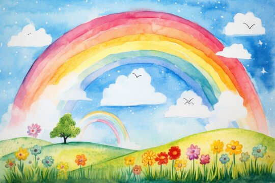 Child drawing, colorful crayons, naive style, rainbow illustration,