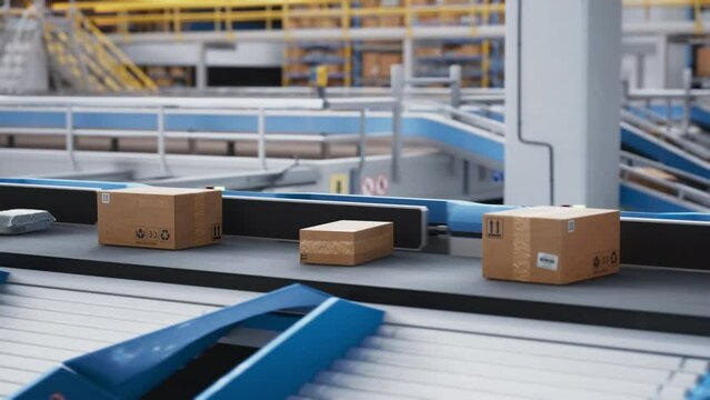 Locked Follow Footage with Online Order Parcels, Cardboard Boxes and Packages Transported on a Conveyor Belt System at a Modern Logistics Center with Automated Sorting Technology