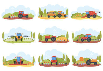 Set of agricultural farming heavy machinery tractors and combine harvesters on rural field