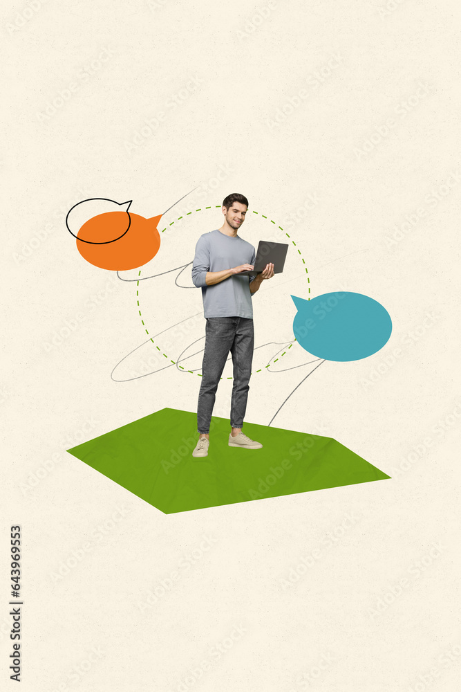 Poster Collage 3d image of nice funky guy use modern device wifi connection correspondence isolated on drawing beige color background