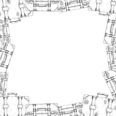 Ink hand drawn vector graphic sketch. Square border frame. Old retro vintage leather suitcases baggage luggage. Design for tourism, travel, brochure, booklet, wedding, guide, print, card, tattoo.