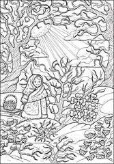 Fototapeta premium Christmas and New Year vector illustration with four-leaf clover and little girl in the winter forest. Greeting card background. Black and white line art for coloring page.