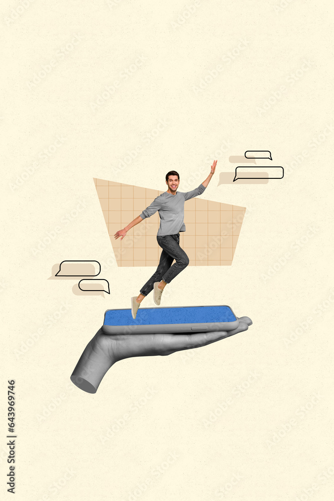 Poster Collage abstract artwork of cheerful happy man blogger run huge display isolated on drawing beige color background