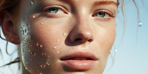 A close-up portrait of a young woman with water droplets on her fresh skin. Her dewy complexion and blue eyes add to her natural beauty. - 643969718