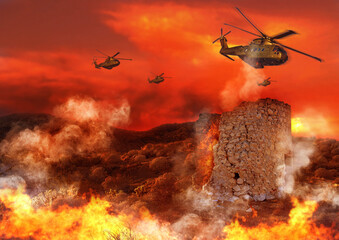 Combat, military and helicopter with fire in explosion for service, army duty and conflict in city....