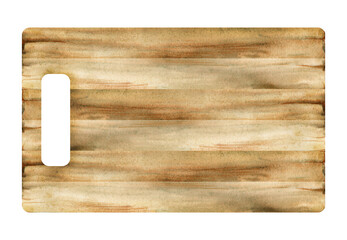 Hand drawn watercolor choppind cutting board for kitchen cooking, wood texture, rectangular. Illustration single object isolated on white background. Design for poster, print, website, card, menu