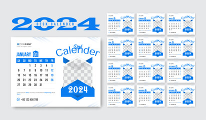 2024 desk calender design, new year schedule. New Year plans for 2024. set of 12 month Desk calendar 2024 template. Monthly Weekly Schedule New Year 2024 Modern Colorful Corporate Calendar Design