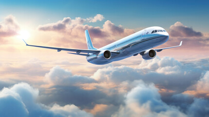 Obraz premium Large plane is flying above the clouds, soft pastel skies