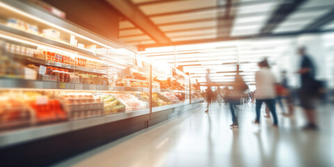 Abstract blur supermarket and retail store, soft natural light, earthy tones, artfully arranged, selective focus, dynamic composition