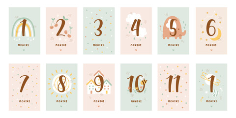 Monthly milestone cards set with number and cute childish design decoration for baby shower