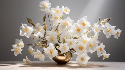 A whimsical arrangement of white daffodils and gold leaves, creating a dance of shadows on marble.