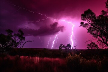 Vibrant red and purple lightning storm. Generative AI