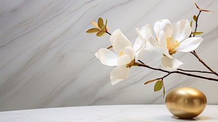 A white magnolia with a gold-painted core, representing simplicity and elegance on a marble backdrop. Minimalist wedding card, glamorous bridal background, menu card, fashion event.