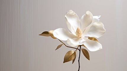 A white magnolia with a gold-painted core, representing simplicity and elegance on a marble...