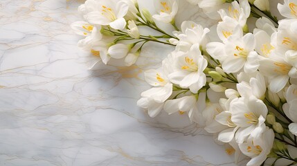 Delicate white freesias, their petals edge-tipped in gold, resting effortlessly on a marble canvas. Wedding card, bridal background, floral wallpaper texture.