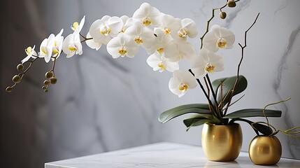 Elegantly arranged white orchids with gold-tinged tips, creating contrast against the grey marble backdrop.
