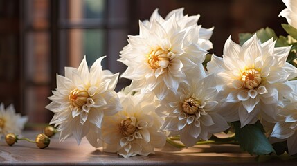The sculptural elegance of white dahlias, with golden nuances, set beautifully against the marble's patterns. Glamour floral wedding card, wallpaper texture, fashion event backgrounds. 