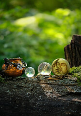 witch cauldron, moon amulet and crystal balls on stump in forest, abstract natural background....