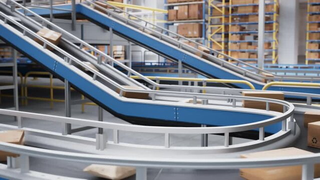 Parcels, Cardboard Boxes and Packages Moving on a Conveyor Belt System at a Modern Logistics Center with Automated Sorting Technology. VFX 3D Animation with Post Office Warehouse Facility