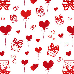 Flat seamless pattern with hearts balls, gift boxes and love shapes on white background. Happy Valentine wrapping in vector