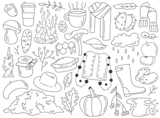 Autumn linear doodle with clothes outwear, holiday food snack, drinks, weather element set