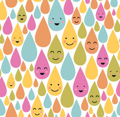 Seamless abstract pattern with kawaii rain drops. Vector colorful background