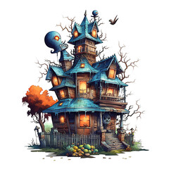 Halloween house in watercolor style illustration
