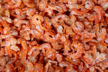 Full view of dried shrimp, fragrant, salty, is an ingredient used in many Thai dishes such as papaya salad, chili paste.