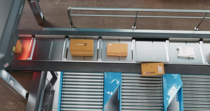Top Down View on an Automated Conveyor Belt Sorting Mechanism in a Logistics Center. Automatic Engineering Solution Scanning Barcodes, Preparing Parcels for Delivery to International Clients