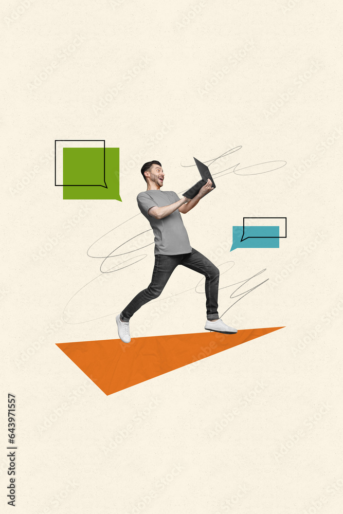 Poster artwork collage sketch of funky happy guy going office sending sms speed wifi connecting isolated on