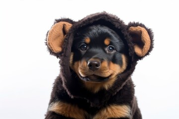 Medium shot portrait photography of a smiling rottweiler licking lips wearing a teddy bear costume against a white background. With generative AI technology