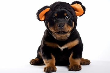 Fototapeta premium Medium shot portrait photography of a smiling rottweiler licking lips wearing a teddy bear costume against a white background. With generative AI technology