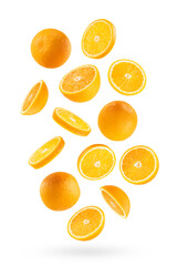 Bright oranges as flow fly or fall as art composition. Whole, half, round slices fruits isolated on white background with shadow. Tropical fruits for advertising, design, label product, poster, card.