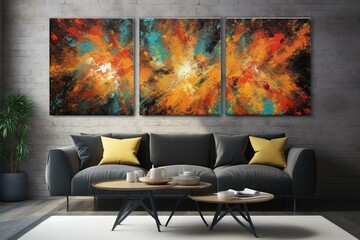 Three-part wall art in living room. Generative AI