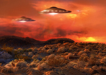 Obraz premium Alien, spaceship light and ufo in countryside for mission, science fiction and fantasy in sky. Spacecraft, field and flying saucer from outer space for invasion, futuristic and mystery in nature