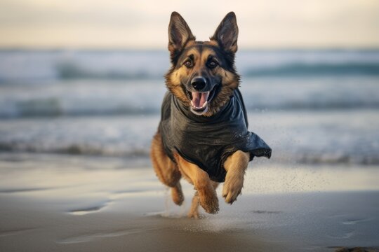 Lifestyle portrait photography of a funny german shepherd kicking after potty wearing an anxiety wrap against a tranquil ocean backdrop. With generative AI technology