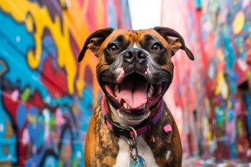 Group portrait photography of a smiling boxer dog winking wearing a harness against a colorful...