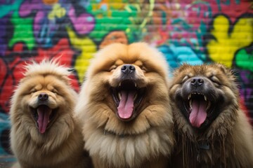 Lifestyle portrait photography of a happy chow chow dog licking other dogs wearing a lion mane...