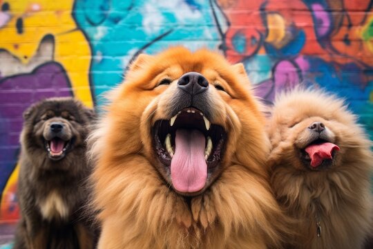 Lifestyle portrait photography of a happy chow chow dog licking other dogs wearing a lion mane against a colorful graffiti wall. With generative AI technology