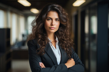Portrait of a professional woman in a dark color suit. Business woman standing in an office.