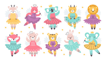 Cute fairy tale animals with wings magic character cartoon design isolated set on white background
