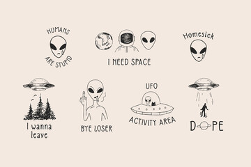 Alien and UFO. Hand drawn doodle, sketch art. I need space. Vector