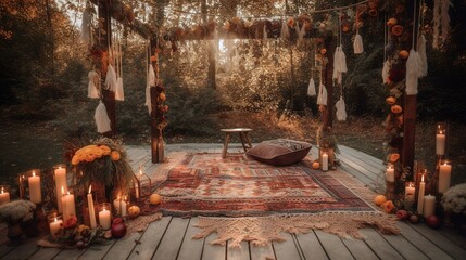 Fototapeta premium Boho fall wedding decoration with dried flowers and candles 