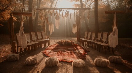 Warm and cozy ceremony decor in the woods with fallen colorful leaves