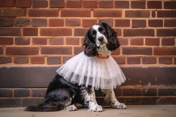 Lifestyle portrait photography of a curious english springer spaniel squatting wearing a tutu skirt against a vintage brick wall. With generative AI technology - obrazy, fototapety, plakaty