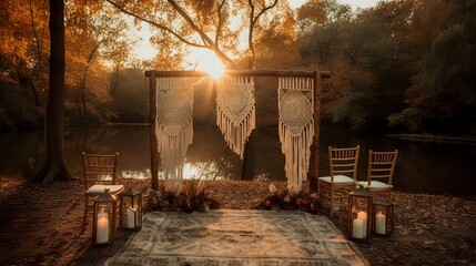Warm and cozy ceremony decor in the woods with fallen colorful leaves