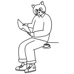 Cat character reading with coffee cartoon illustration